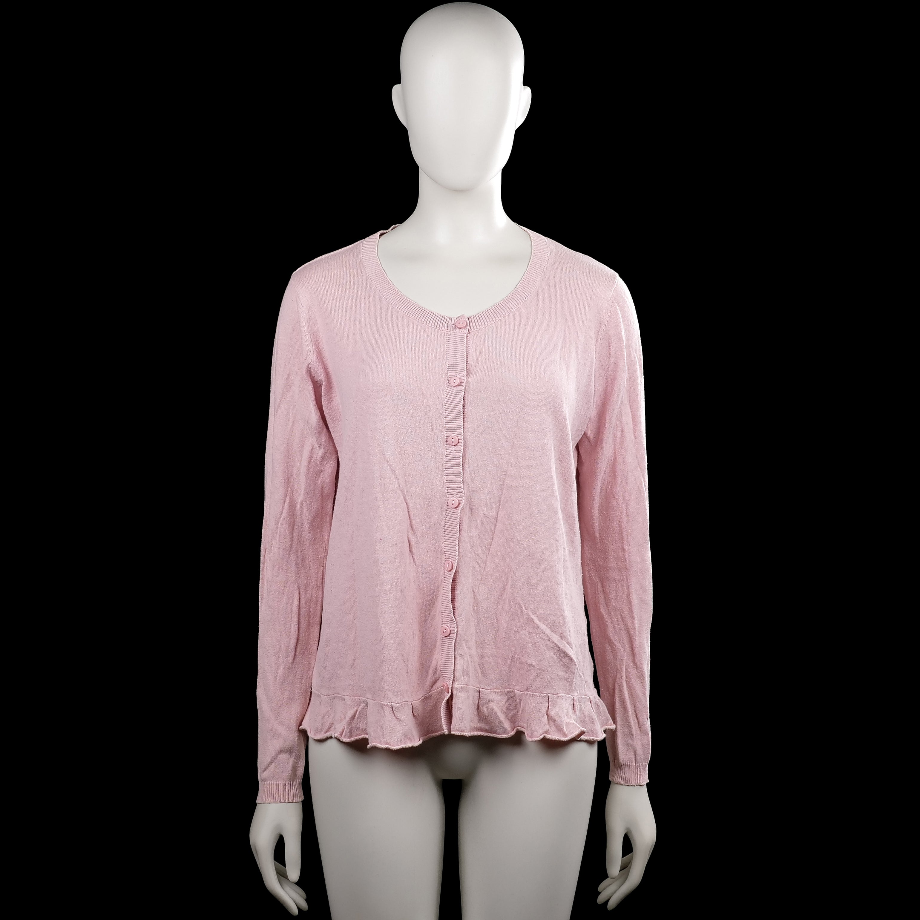 Haraya - Cardigan - Pink - Size M - Pink solid cardigan with a round neckline and a button-down front. Features long sleeves with ribbed cuffs and a ruffle hem.