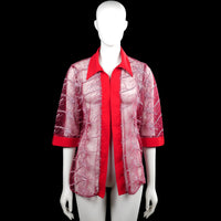 Cardigan - Red & Pink - Size L - Red and pink printed open-front top with a classic collar and three-quarter sleeves. Features wide plain cuffs and a curved hem.