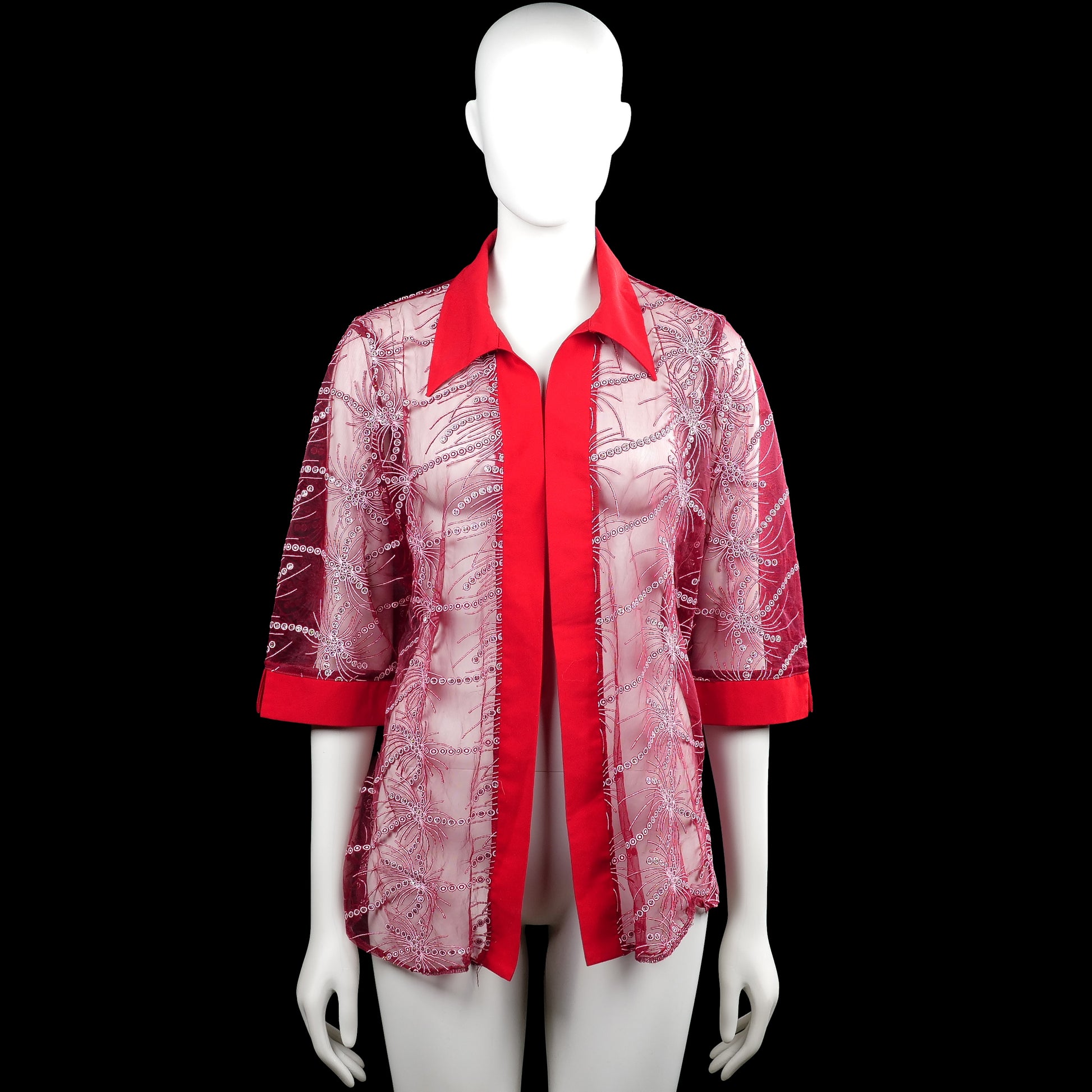 Cardigan - Red & Pink - Size L - Red and pink printed open-front top with a classic collar and three-quarter sleeves. Features wide plain cuffs and a curved hem.
