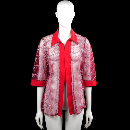Cardigan - Red & Pink - Size L - Red and pink printed open-front top with a classic collar and three-quarter sleeves. Features wide plain cuffs and a curved hem.