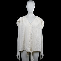Ms Mode - Blouse - Ivory - Size L - Ivory top with a V-neck and short ruffle sleeves. Features a button-front closure and a straight hem with a front tie detail.