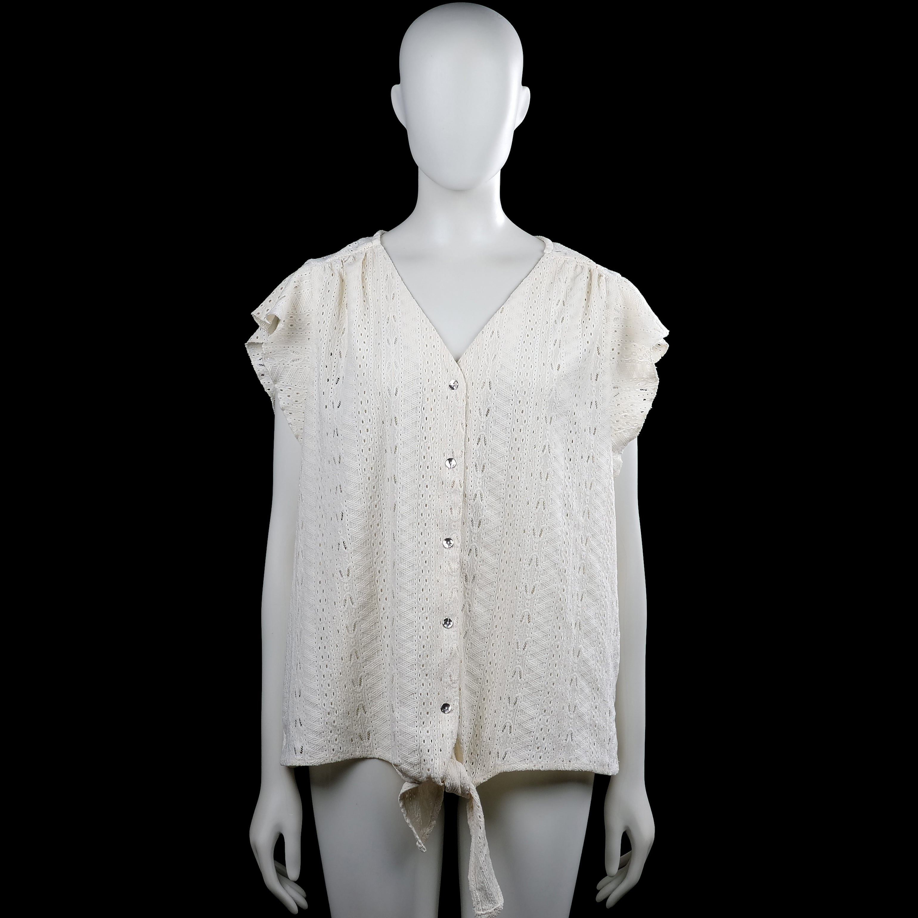 Ms Mode - Blouse - Ivory - Size L - Ivory top with a V-neck and short ruffle sleeves. Features a button-front closure and a straight hem with a front tie detail.