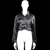 Leather jacket - Black - Size S - Black cropped jacket with a classic collar and a snakeskin-textured pattern. Features a front button closure, chest flap pockets, long sleeves with button cuffs, and a straight hem.