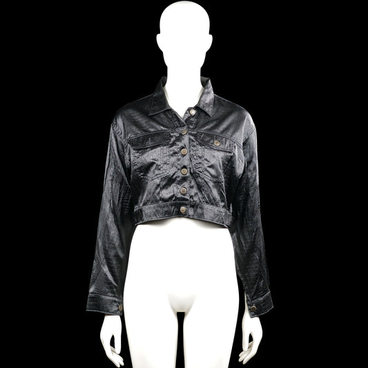Leather jacket - Black - Size S - Black cropped jacket with a classic collar and a snakeskin-textured pattern. Features a front button closure, chest flap pockets, long sleeves with button cuffs, and a straight hem.