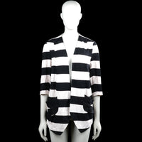 Luxzuz - Cardigan - Black & White - Size 38 - Black and white striped open-front top with a V-neckline and three-quarter sleeves. Features patch pockets on the front and an asymmetrical pointed hem.