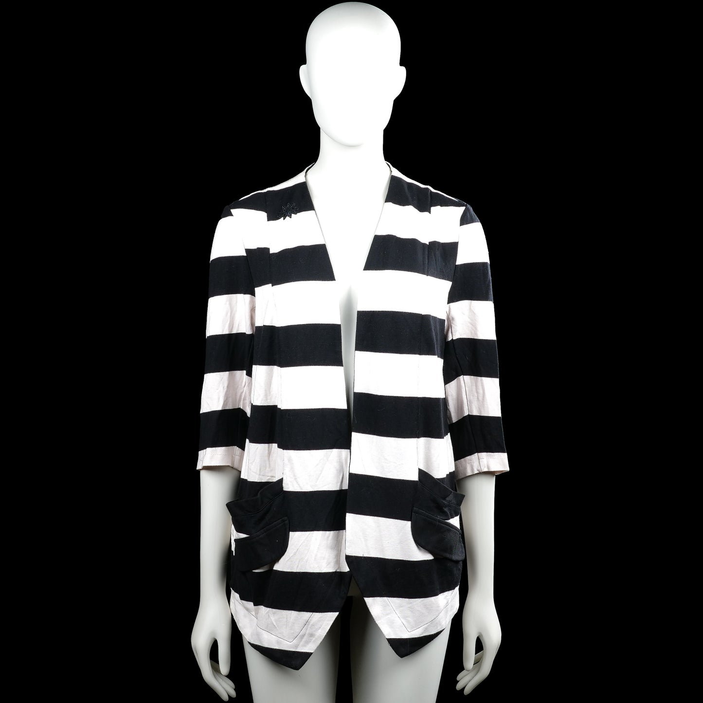 Luxzuz - Cardigan - Black & White - Size 38 - Black and white striped open-front top with a V-neckline and three-quarter sleeves. Features patch pockets on the front and an asymmetrical pointed hem.