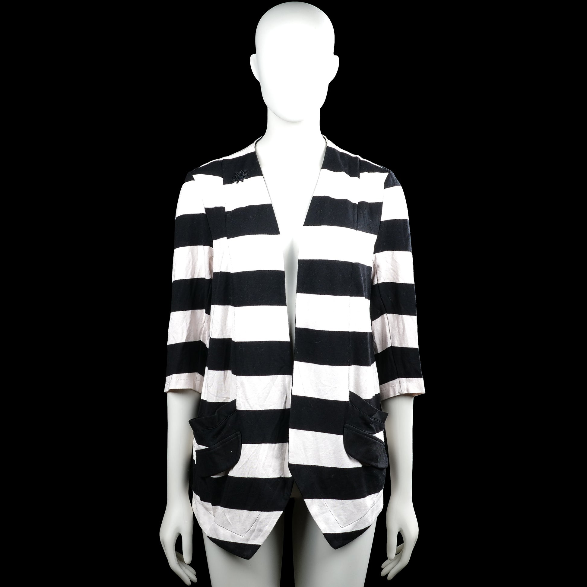 Luxzuz - Cardigan - Black & White - Size 38 - Black and white striped open-front top with a V-neckline and three-quarter sleeves. Features patch pockets on the front and an asymmetrical pointed hem.