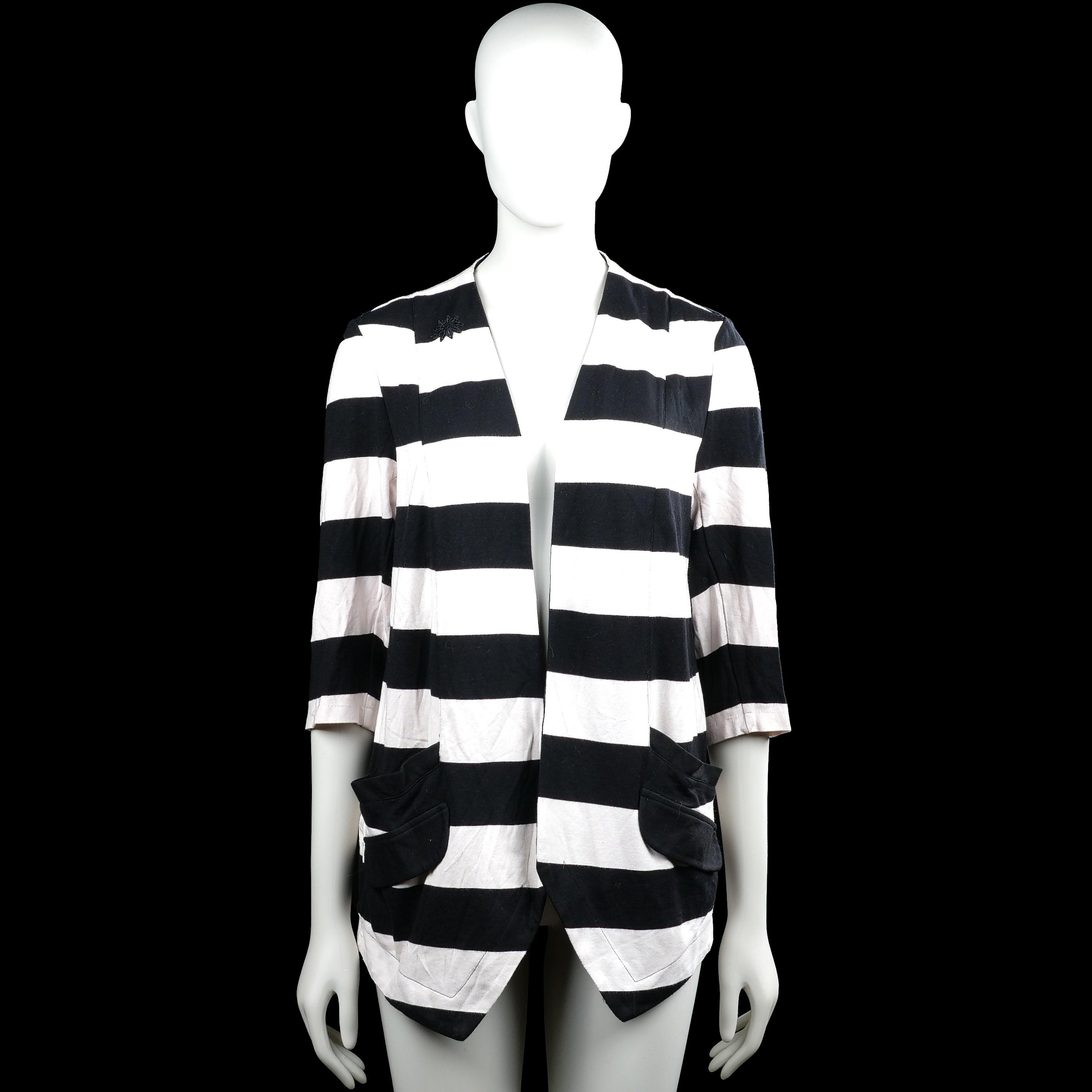 Luxzuz - Cardigan - Black & White - Size 38 - Black and white striped open-front top with a V-neckline and three-quarter sleeves. Features patch pockets on the front and an asymmetrical pointed hem.