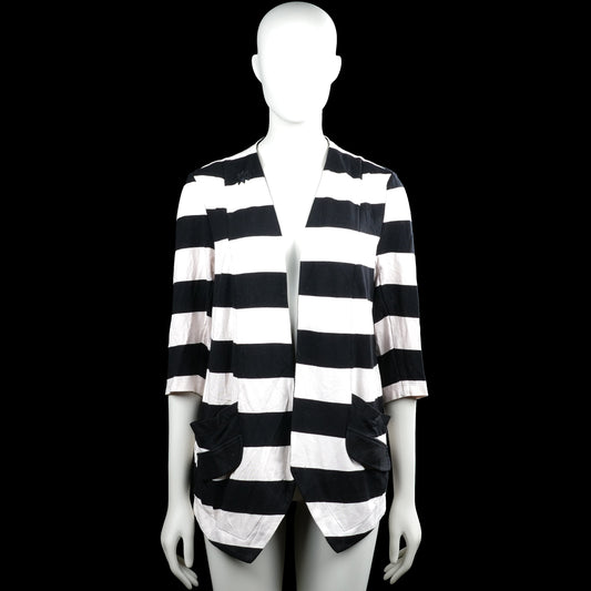 Luxzuz - Cardigan - Black & White - Size 38 - Black and white striped open-front top with a V-neckline and three-quarter sleeves. Features patch pockets on the front and an asymmetrical pointed hem.