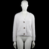 Cardigan - White - Size M - White solid long-sleeve cardigan with a V-neck and button-front closure. Straight hem and plain cuffs.