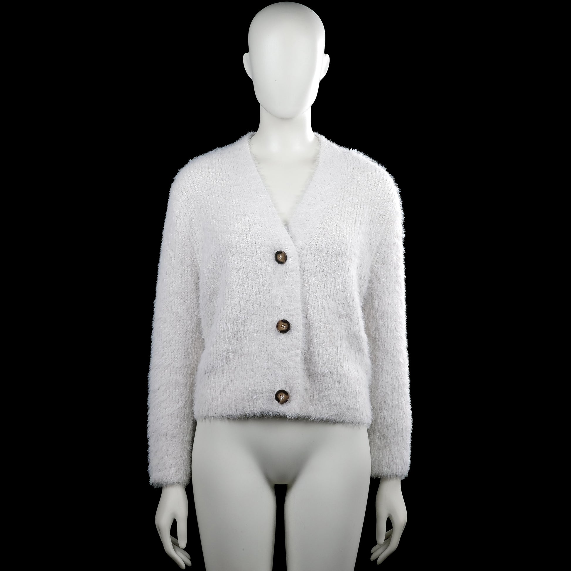 Cardigan - White - Size M - White solid long-sleeve cardigan with a V-neck and button-front closure. Straight hem and plain cuffs.