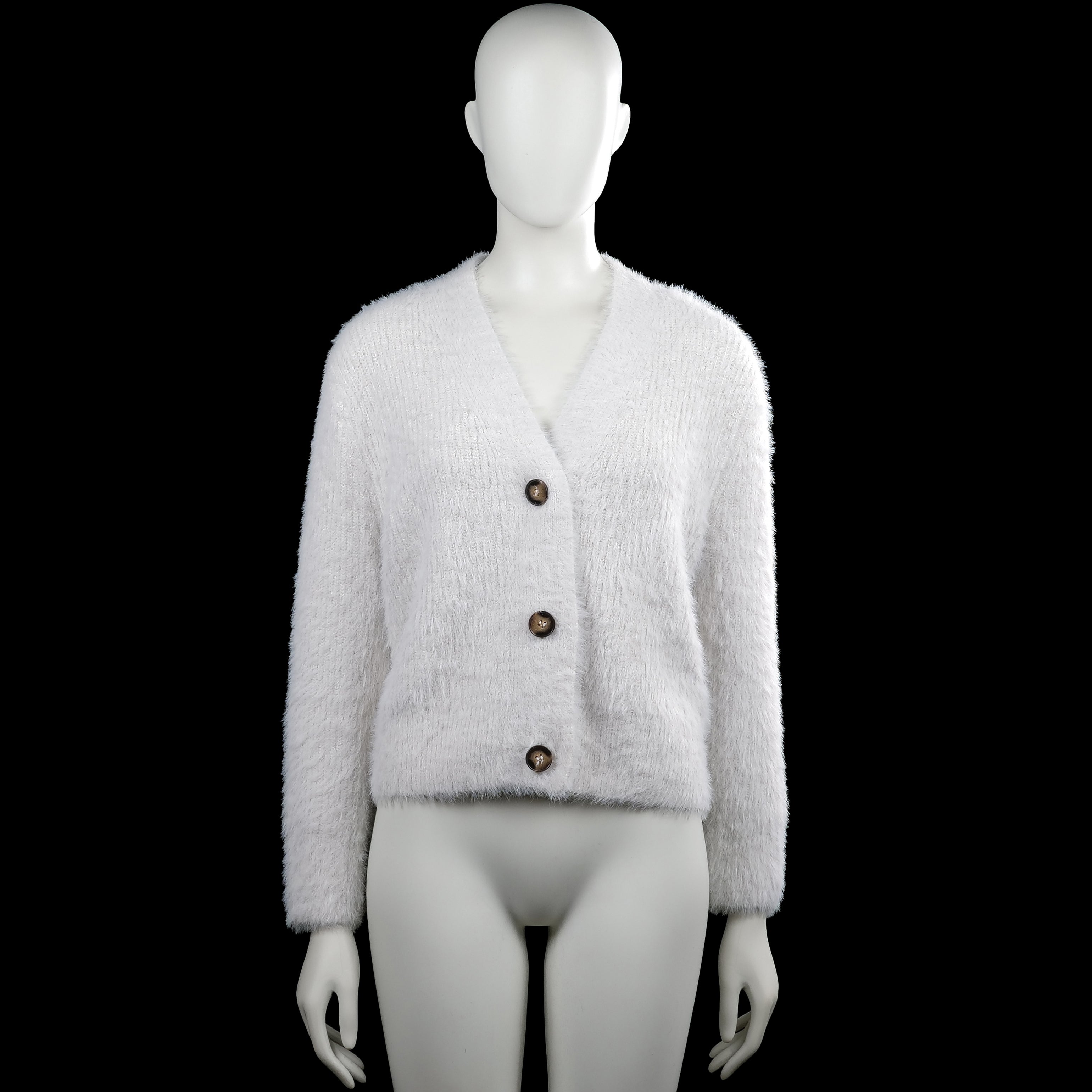Cardigan - White - Size M - White solid long-sleeve cardigan with a V-neck and button-front closure. Straight hem and plain cuffs.