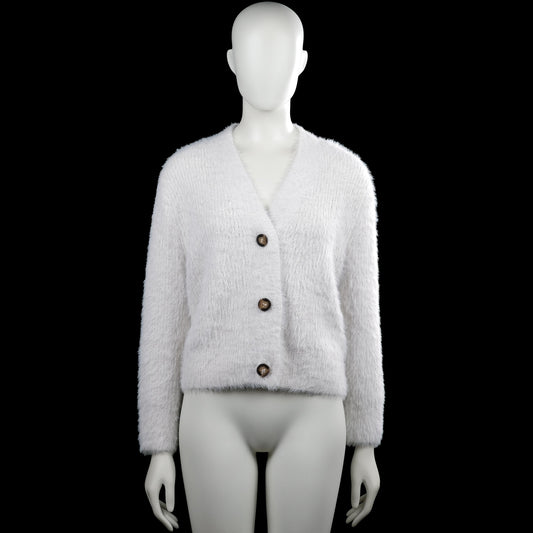 Cardigan - White - Size M - White solid long-sleeve cardigan with a V-neck and button-front closure. Straight hem and plain cuffs.