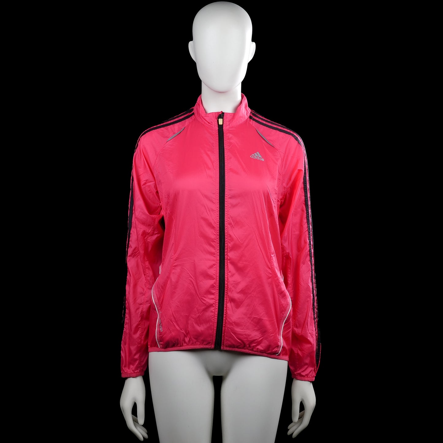 Adidas - Windbreaker - Pink & Black - Size 38 - Pink zip-up jacket with a high neck and black stripes on the sleeves. Long sleeves with elastic cuffs and a straight hem.
