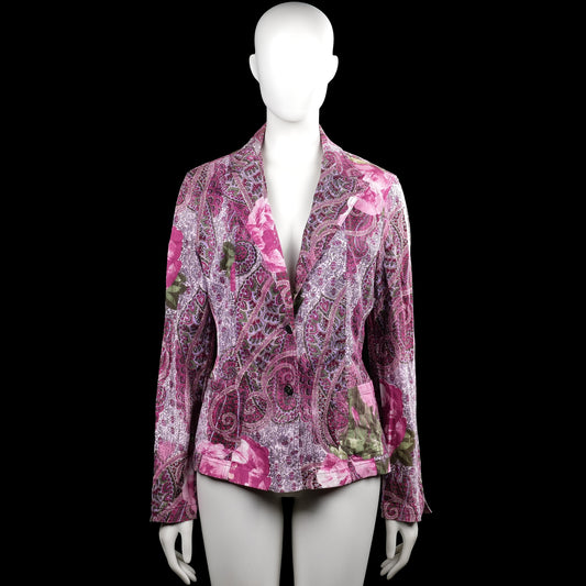 Ambiente - Blazer - Pink & Olive - Size 40 - Pink and olive paisley jacket with a V-neckline and long sleeves. Features a front button closure, front patch pockets, plain cuffs, and a straight hem.