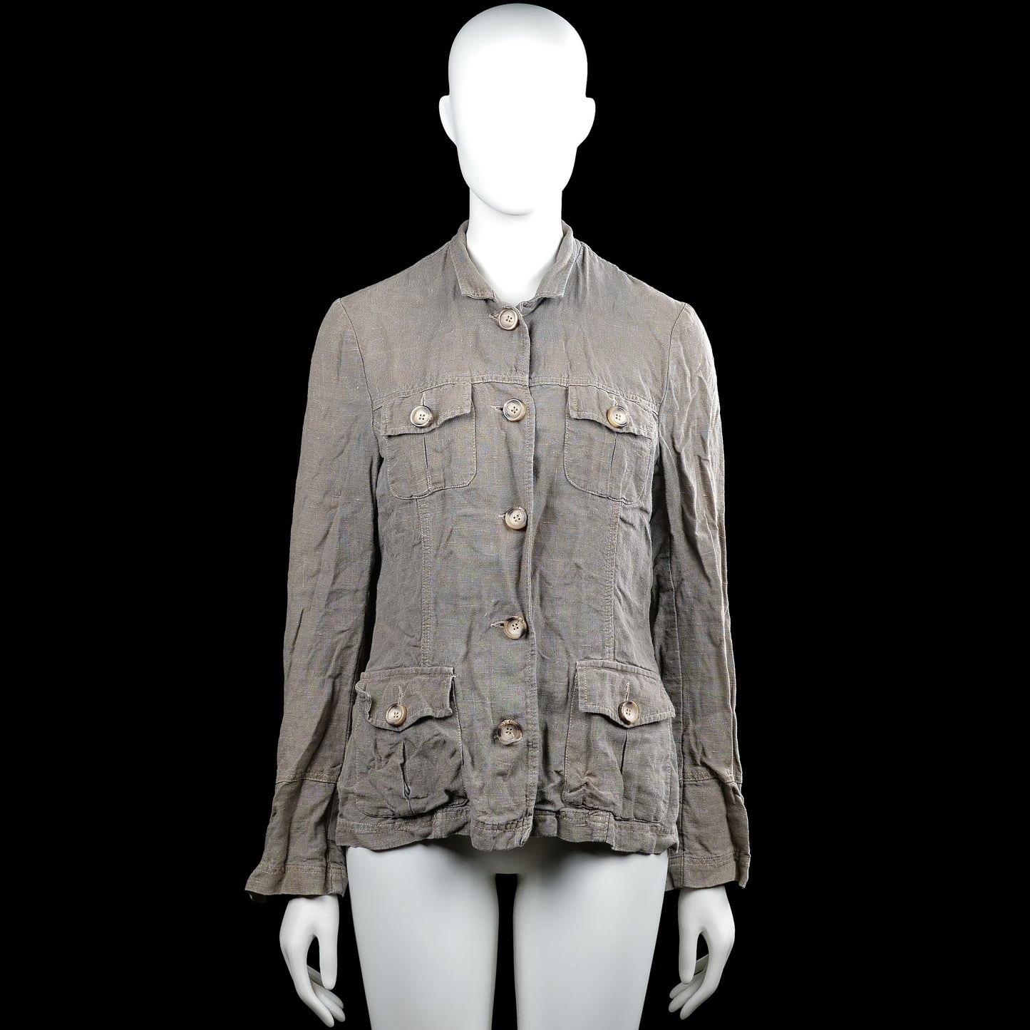 H&M - Safari jacket - Taupe - Size 36 - Solid taupe button-front jacket with a classic collar and long sleeves with button cuffs. Features flap pockets on the chest and lower front with a curved hem.