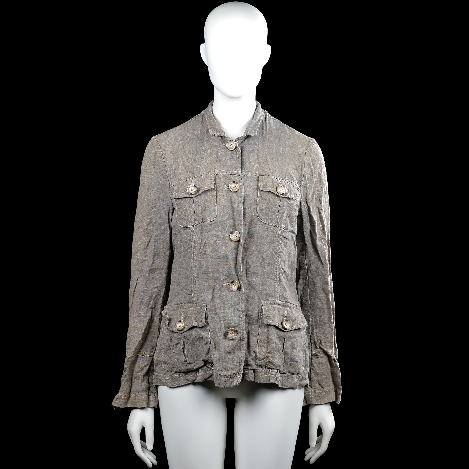 H&M - Safari jacket - Taupe - Size 36 - Solid taupe button-front jacket with a classic collar and long sleeves with button cuffs. Features flap pockets on the chest and lower front with a curved hem.