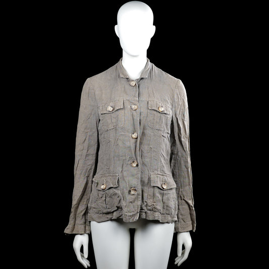 H&M - Safari jacket - Taupe - Size 36 - Solid taupe button-front jacket with a classic collar and long sleeves with button cuffs. Features flap pockets on the chest and lower front with a curved hem.