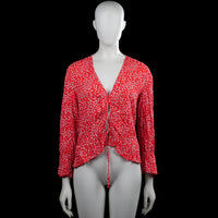 Mng - Blouse - Red & White - Size M - Red and white printed top with a V-neckline and long sleeves with elastic cuffs. Features a ruched front with a tie detail and a curved hem.