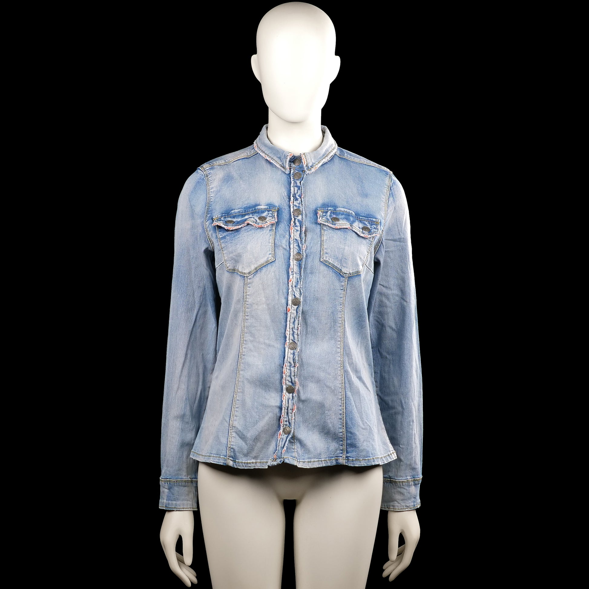 .Object - Shirt - Light Blue - Size 40 - Light blue solid button-up shirt with a classic collar and long sleeves with button cuffs. Features two buttoned chest flap pockets and a curved hem.