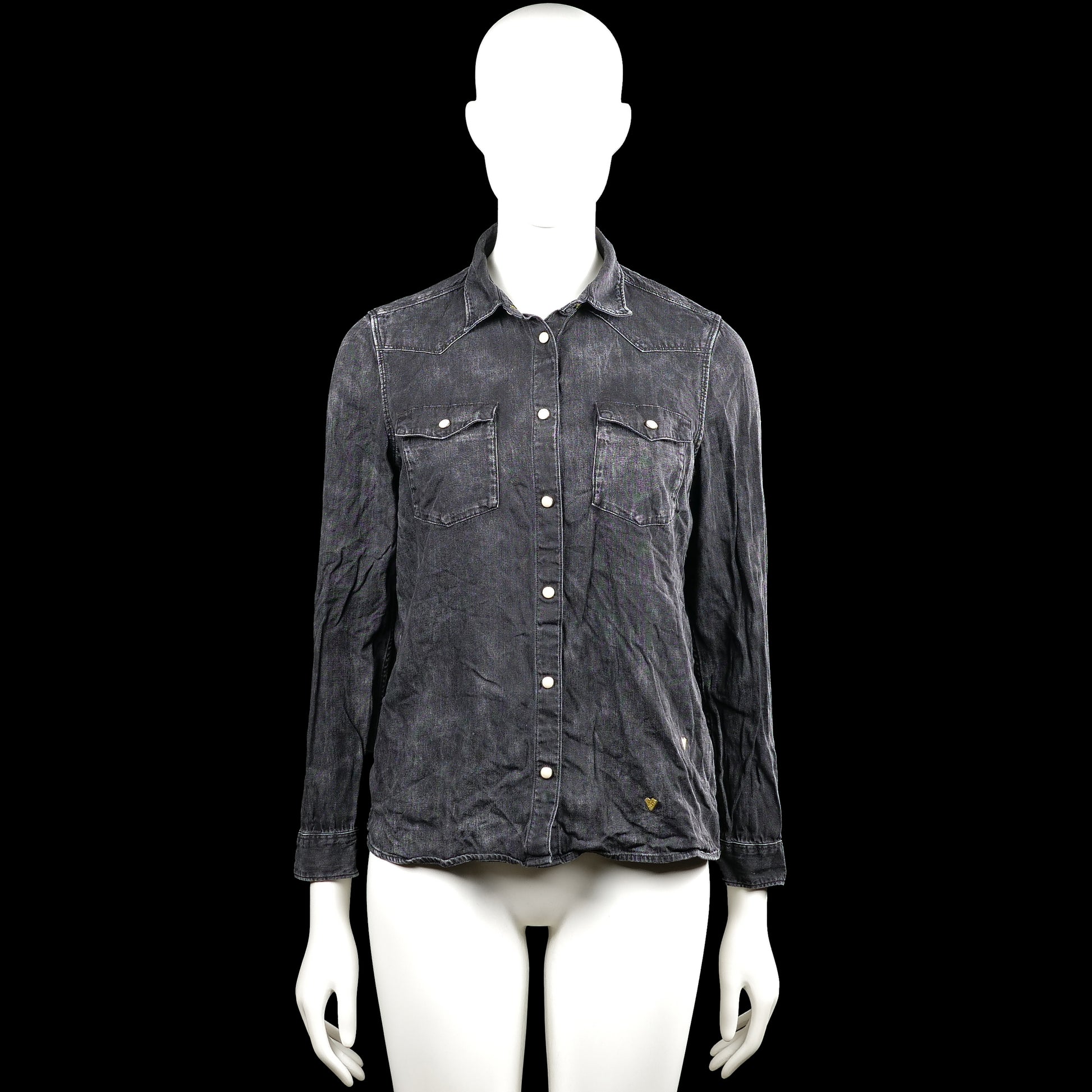 Sotch & soda - Shirt - Charcoal - Size S - Charcoal solid button-up shirt with a classic collar and long sleeves. Features two flap chest pockets with buttons, button cuffs, and a curved hem.