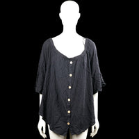 Ladies - Blouse - Black - Size 50, 52 - Black solid top with an elasticated scoop neckline and a front button placket. Features three-quarter sleeves with flared cuffs and a curved hem.