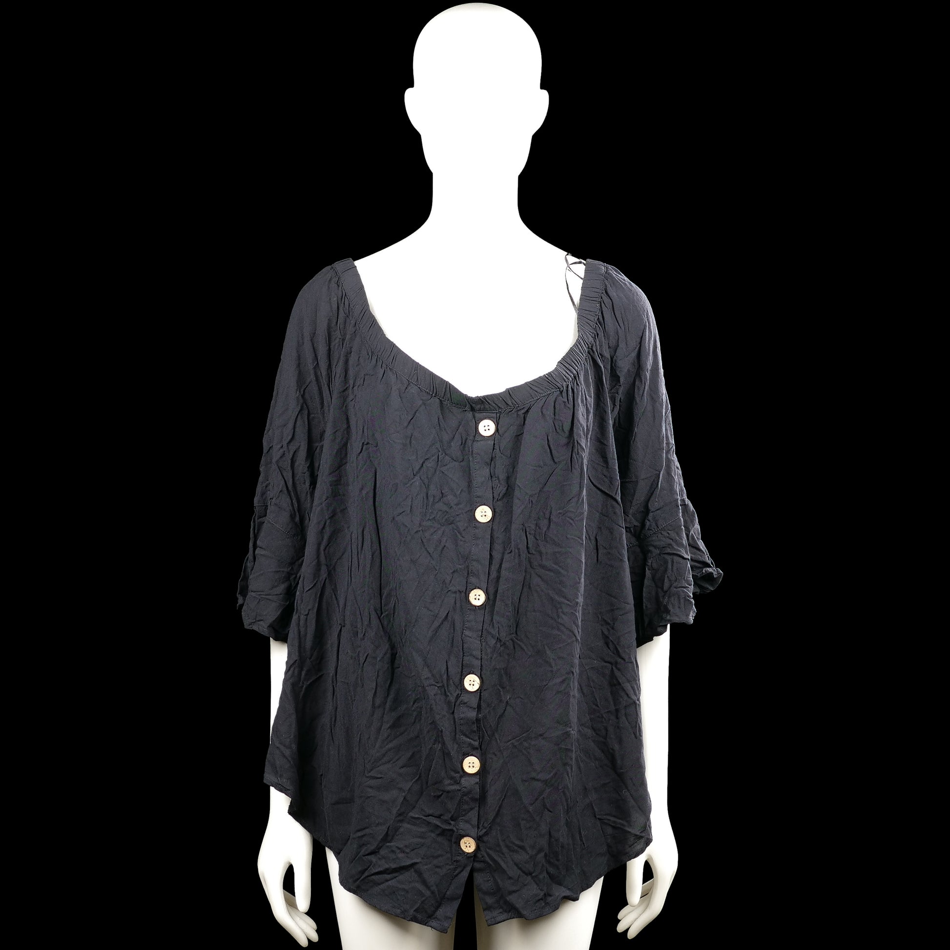 Ladies - Blouse - Black - Size 50, 52 - Black solid top with an elasticated scoop neckline and a front button placket. Features three-quarter sleeves with flared cuffs and a curved hem.