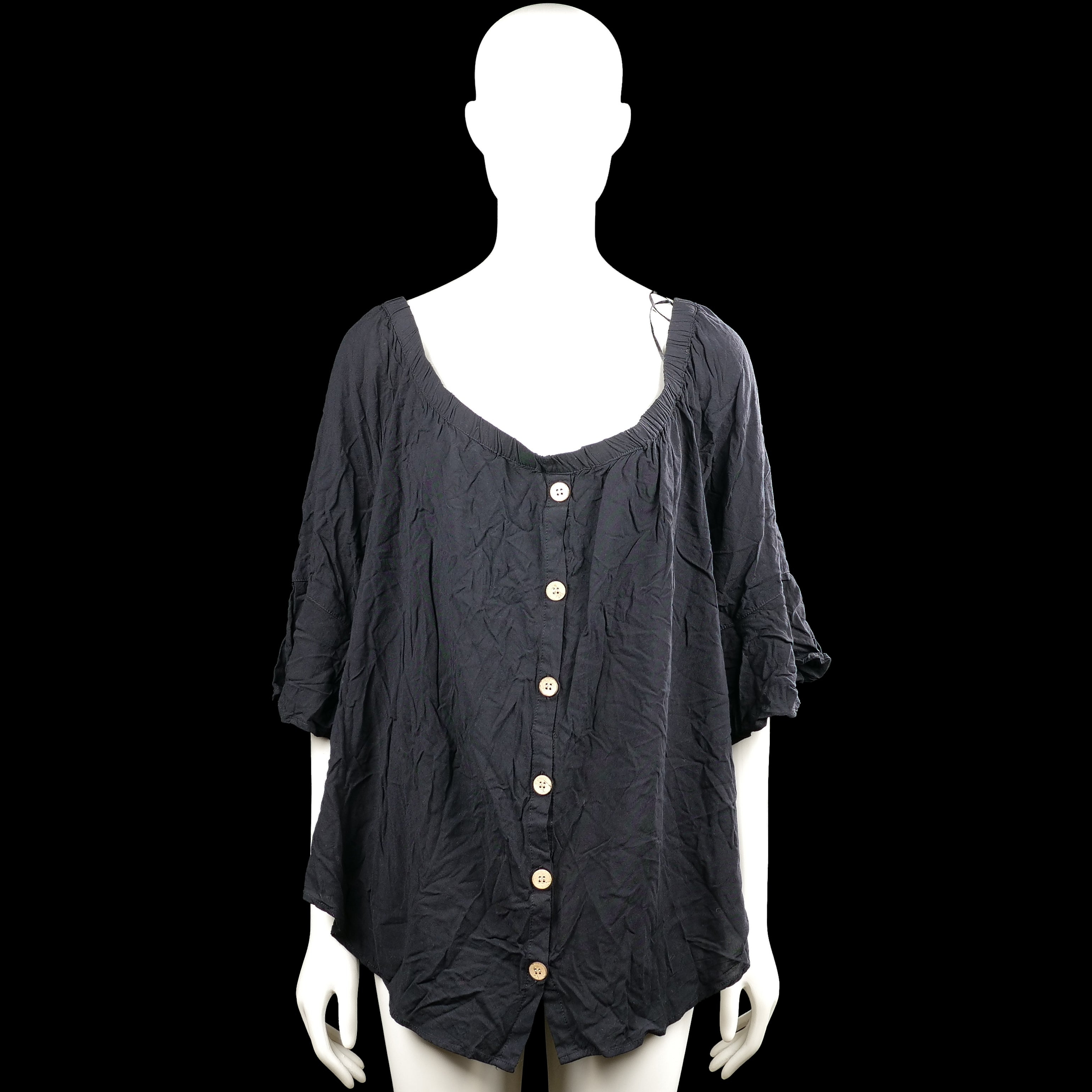 Ladies - Blouse - Black - Size 50, 52 - Black solid top with an elasticated scoop neckline and a front button placket. Features three-quarter sleeves with flared cuffs and a curved hem.