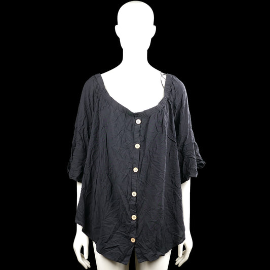 Ladies - Blouse - Black - Size 50, 52 - Black solid top with an elasticated scoop neckline and a front button placket. Features three-quarter sleeves with flared cuffs and a curved hem.