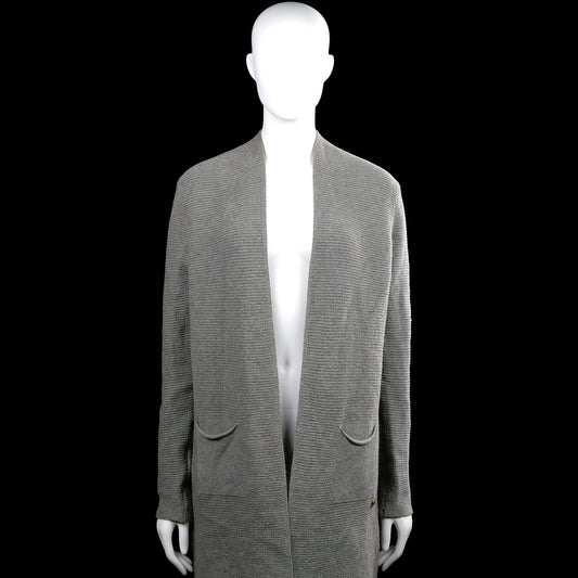 Bluoltre - Cardigan - Gray - Size S - Gray solid long-sleeve open-front cardigan with a V-neck opening and two front patch pockets. Straight hem and plain cuffs.