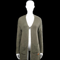 Meis & mint - Cardigan - Olive - Size XS - Olive solid open-front cardigan with a V-neckline and long sleeves. Features front patch pockets, plain cuffs, and a straight hem.