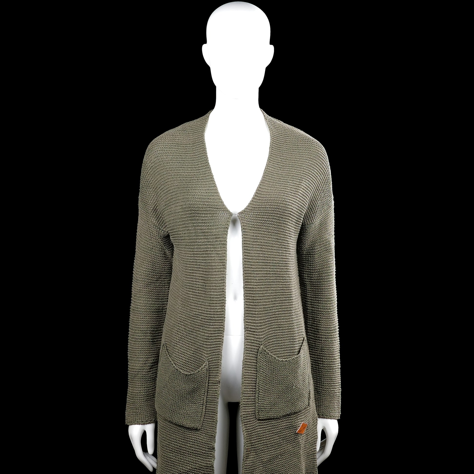 Meis & mint - Cardigan - Olive - Size XS - Olive solid open-front cardigan with a V-neckline and long sleeves. Features front patch pockets, plain cuffs, and a straight hem.
