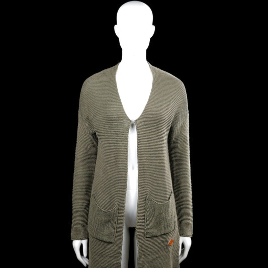Meis & mint - Cardigan - Olive - Size XS - Olive solid open-front cardigan with a V-neckline and long sleeves. Features front patch pockets, plain cuffs, and a straight hem.