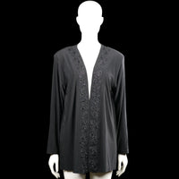 Secenek - Cardigan - Black - Size L - Black solid long-sleeve open-front cardigan with a V-neck opening and floral embroidery trim along the front edges. Straight hem and plain cuffs.