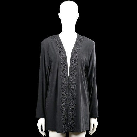 Secenek - Cardigan - Black - Size L - Black solid long-sleeve open-front cardigan with a V-neck opening and floral embroidery trim along the front edges. Straight hem and plain cuffs.