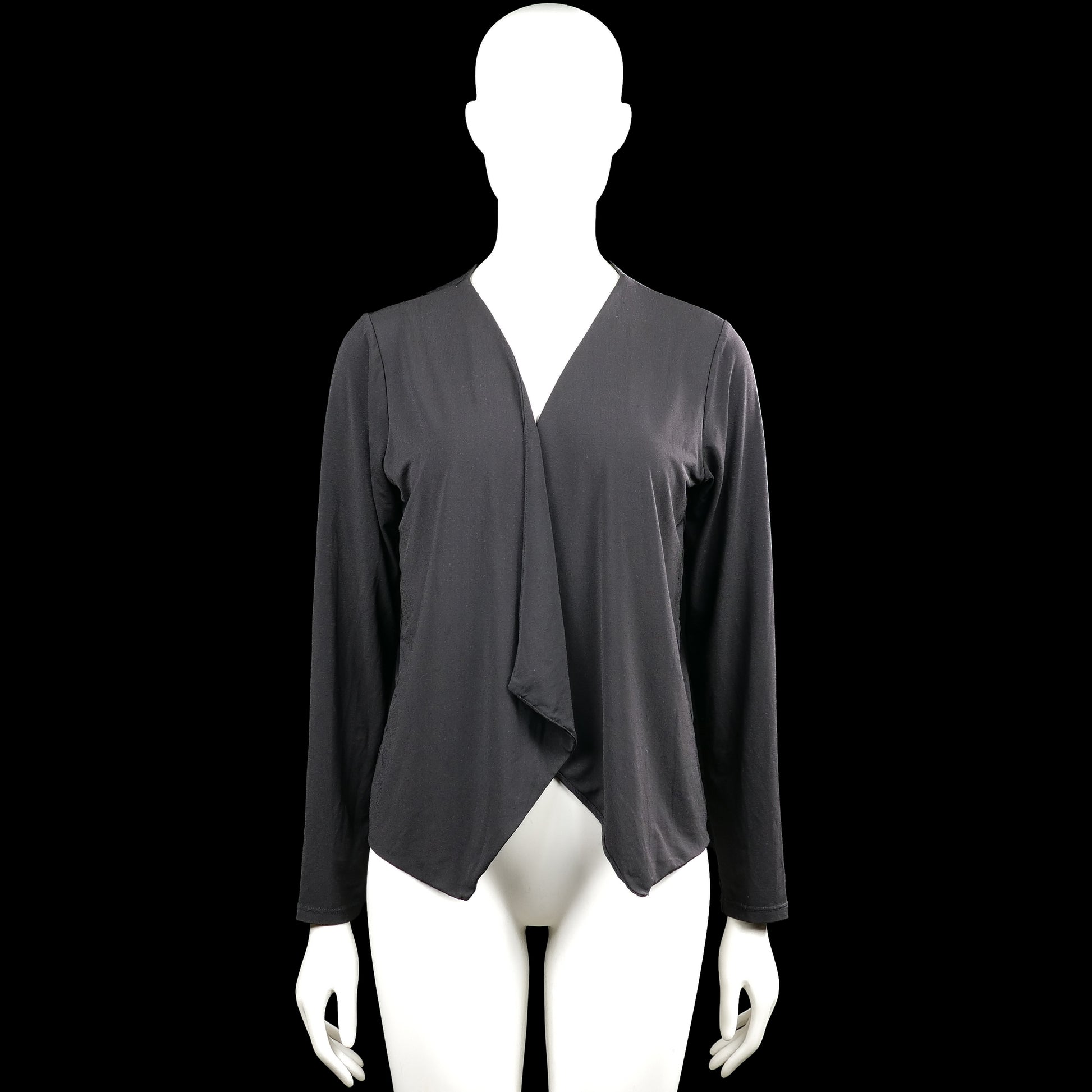 Lindex - Cardigan - Black - Size M - Black solid long-sleeve top with a V-neck and an open front drape. Asymmetrical hem and plain cuffs.