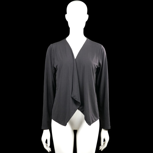 Lindex - Cardigan - Black - Size M - Black solid long-sleeve top with a V-neck and an open front drape. Asymmetrical hem and plain cuffs.