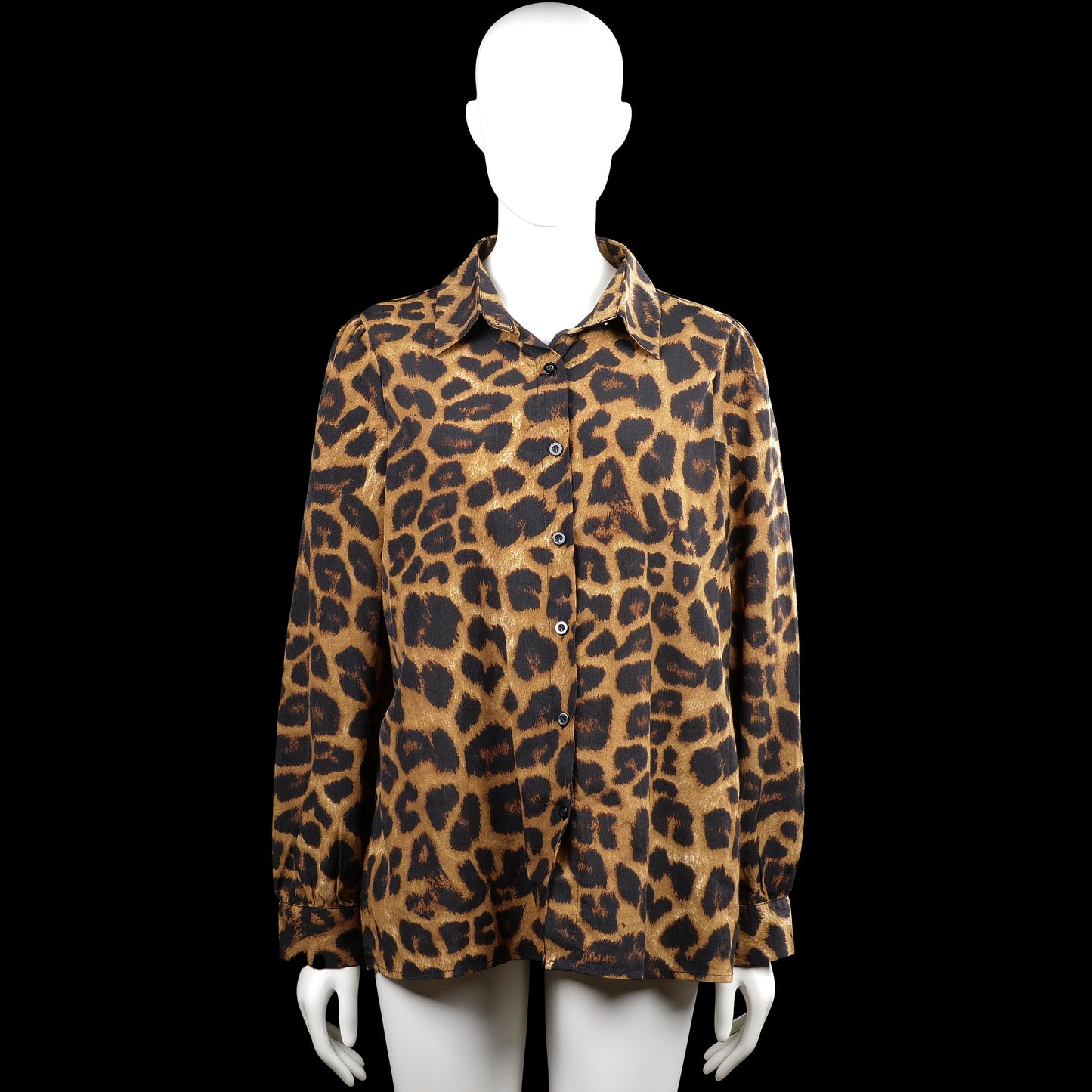 Shirt - Camel & Black - Size XL - Camel and black leopard-pattern button-up top with a classic collar and long sleeves. Features button cuffs and a straight hem.