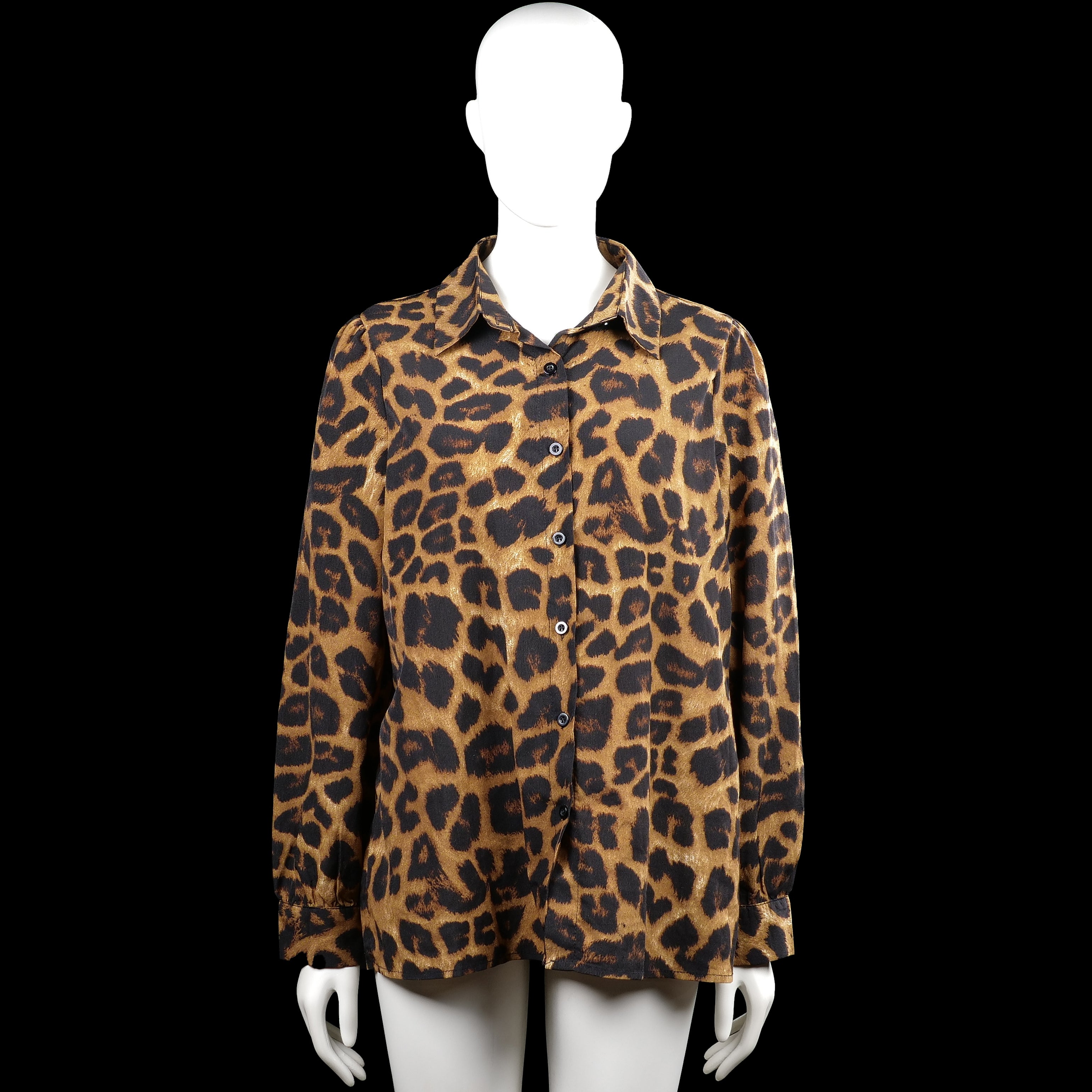 Shirt - Camel & Black - Size XL - Camel and black leopard-pattern button-up top with a classic collar and long sleeves. Features button cuffs and a straight hem.