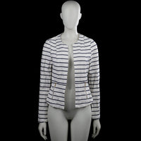 Miss etam - Blazer - White & Navy - Size 36 - White and navy striped open-front jacket with a round neckline and long sleeves. Features two vertical zip pockets at the front and a straight hem with plain cuffs.