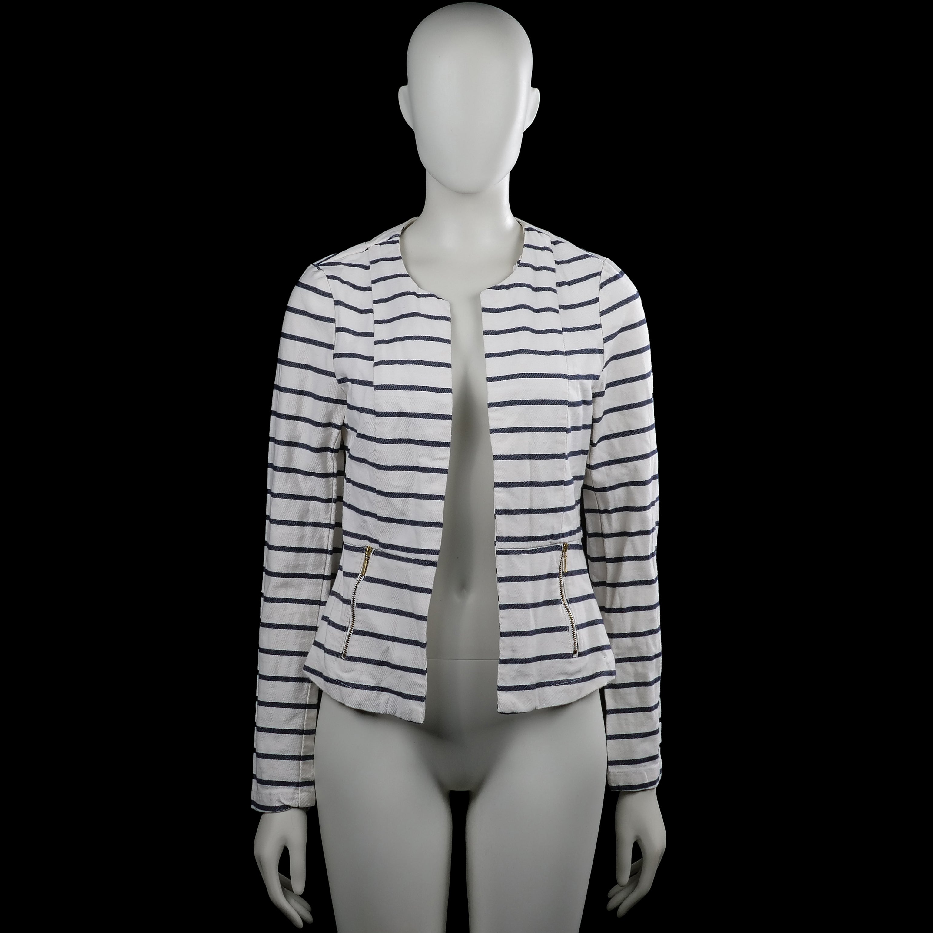 Miss etam - Blazer - White & Navy - Size 36 - White and navy striped open-front jacket with a round neckline and long sleeves. Features two vertical zip pockets at the front and a straight hem with plain cuffs.