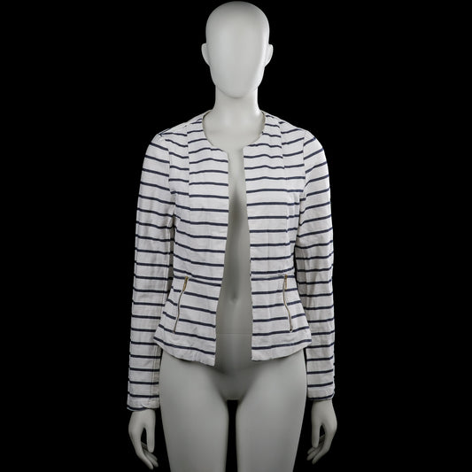 Miss etam - Blazer - White & Navy - Size 36 - White and navy striped open-front jacket with a round neckline and long sleeves. Features two vertical zip pockets at the front and a straight hem with plain cuffs.