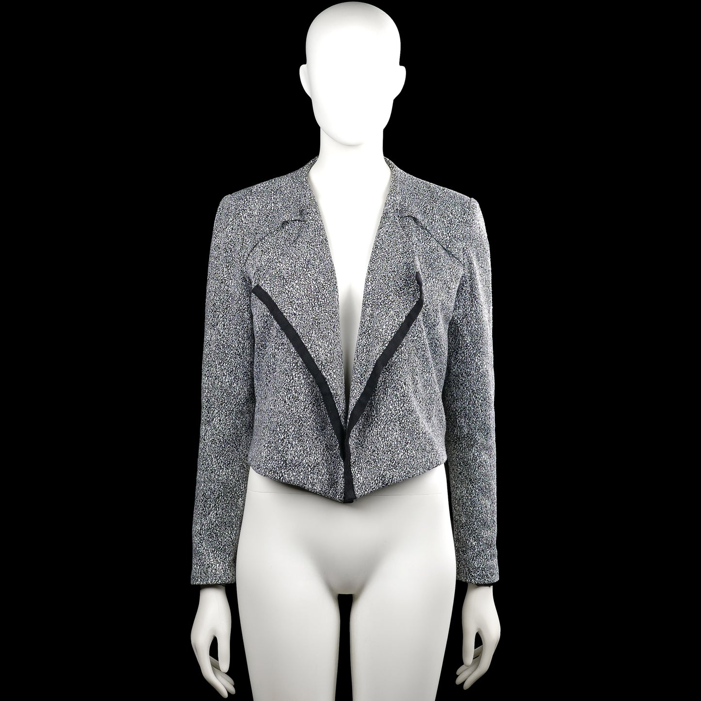 Vero Moda - Blazer - Gray & Black - Size 36 - Gray and black printed open-front jacket with a V-neckline and black trim along the front. Long sleeves with plain cuffs and an asymmetrical hem.