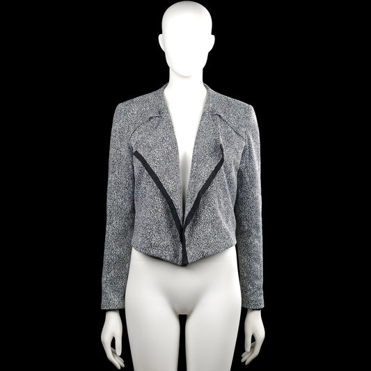 Vero Moda - Blazer - Gray & Black - Size 36 - Gray and black printed open-front jacket with a V-neckline and black trim along the front. Long sleeves with plain cuffs and an asymmetrical hem.