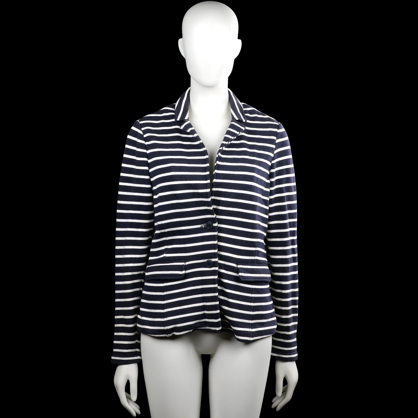 Lindex Holly & Whyte - Blazer - Navy & White - Size M - Navy and white striped jacket with a classic collar and long sleeves with button cuffs. Features a button front closure, two front flap pockets, and a straight hem.