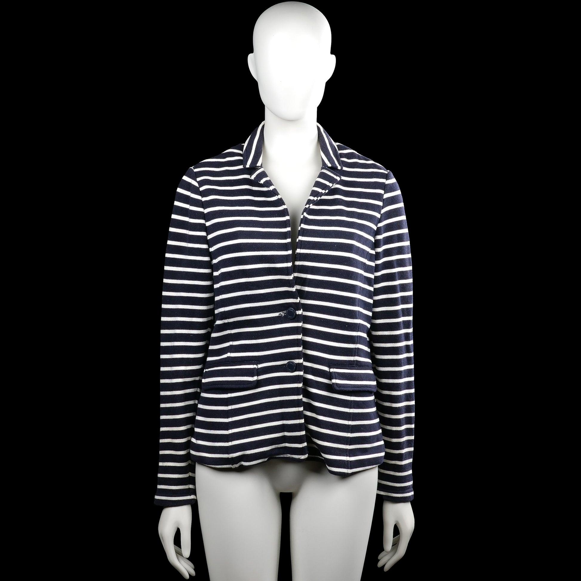 Lindex Holly & Whyte - Blazer - Navy & White - Size M - Navy and white striped jacket with a classic collar and long sleeves with button cuffs. Features a button front closure, two front flap pockets, and a straight hem.