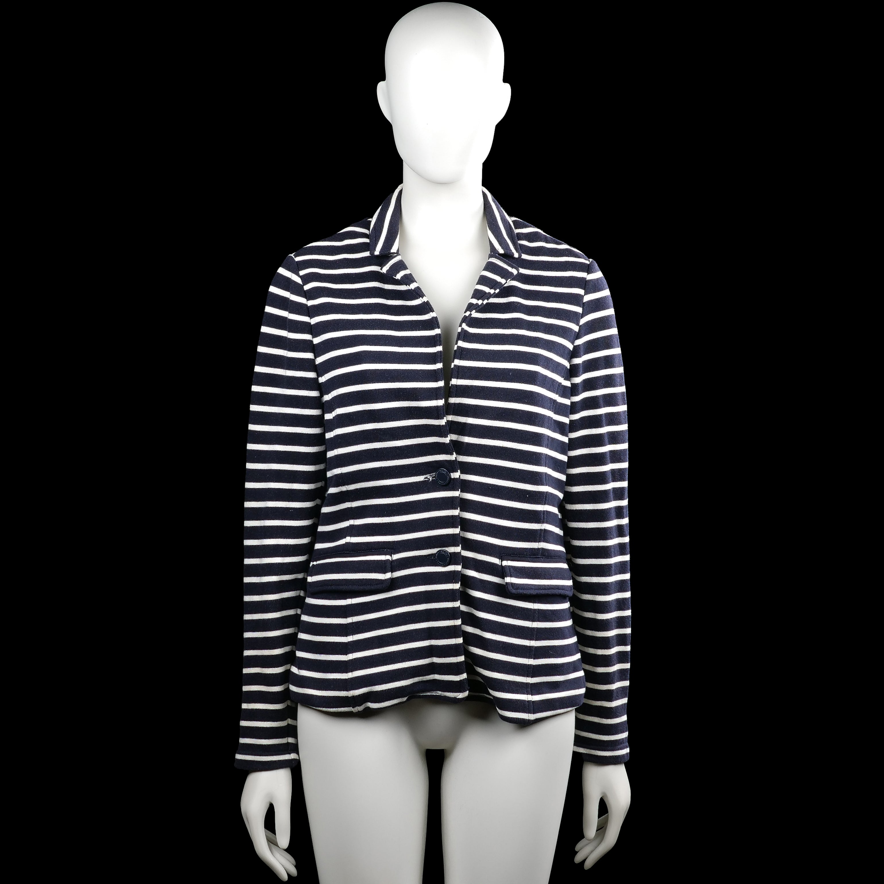 Lindex Holly & Whyte - Blazer - Navy & White - Size M - Navy and white striped jacket with a classic collar and long sleeves with button cuffs. Features a button front closure, two front flap pockets, and a straight hem.