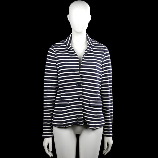 Lindex Holly & Whyte - Blazer - Navy & White - Size M - Navy and white striped jacket with a classic collar and long sleeves with button cuffs. Features a button front closure, two front flap pockets, and a straight hem.