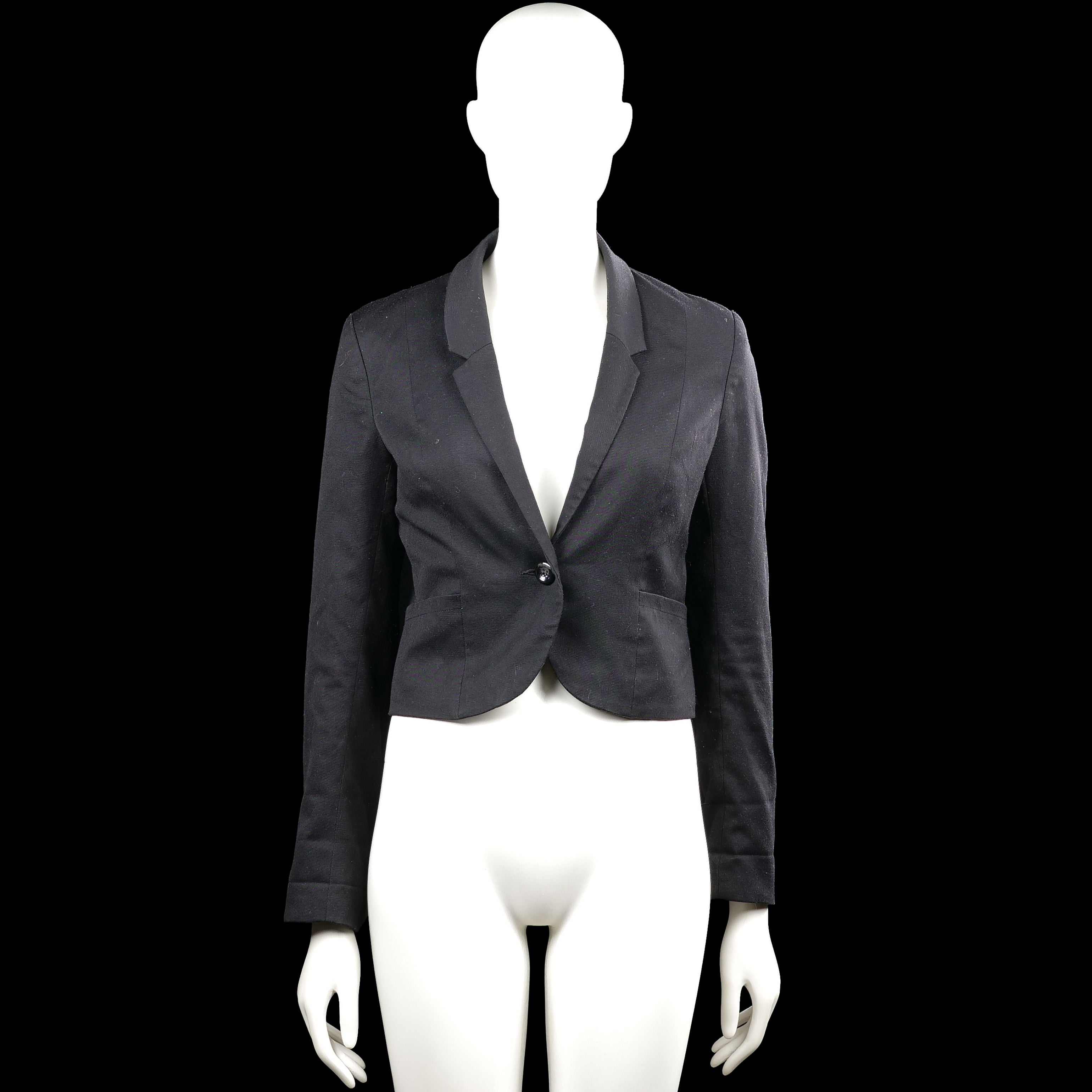 H&M Divided - Blazer - Black - Size 36 - Black solid blazer with a V-neckline and notched lapels, featuring a single-button front closure. Long sleeves with plain cuffs and a curved hem.