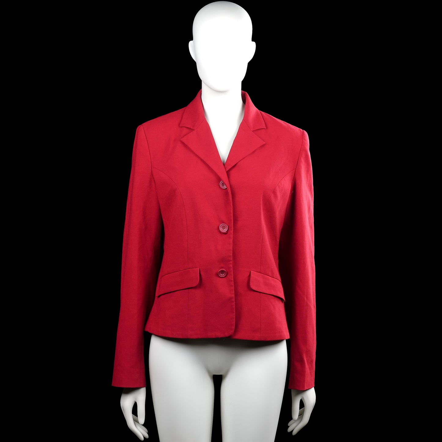 Hennes - Blazer - Red - Size 42 - Red solid blazer with a V-neckline and lapel collar, featuring a button front closure. Long sleeves with button cuffs and two front flap pockets with a straight hem.